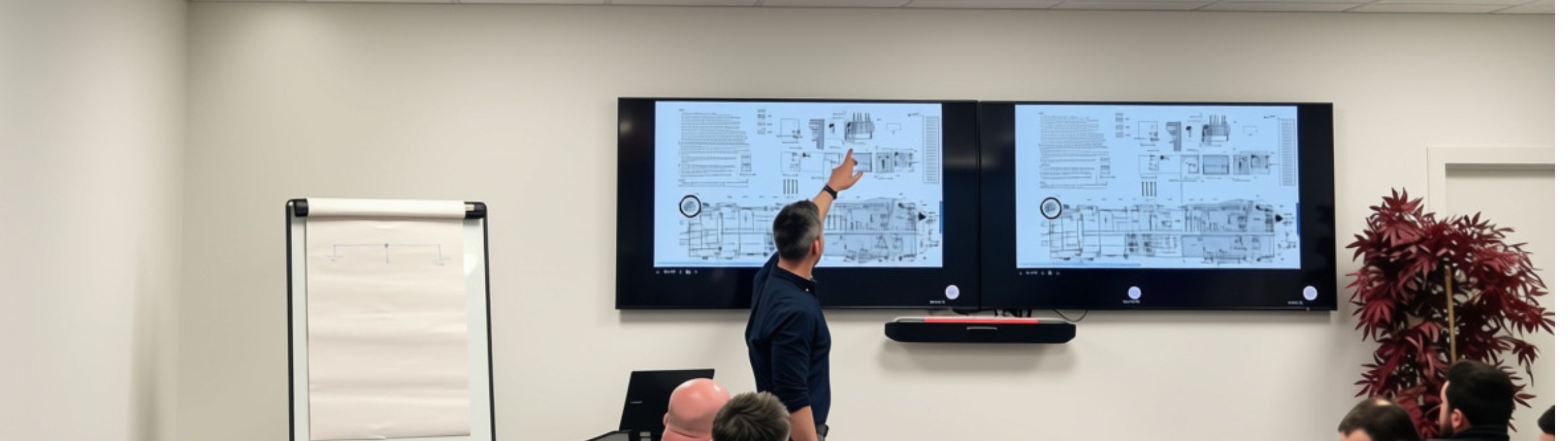 Consultant walking a team through technical drawings on screen